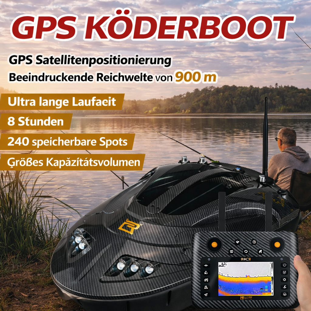 GPS-gestütztes Futterboot mit präziser Navigation, integriertem Fischfinder-Sonar, automatischer Fütterung und Rückführung – für einfaches Auffinden von Fischen und höhere Angelerfolge.